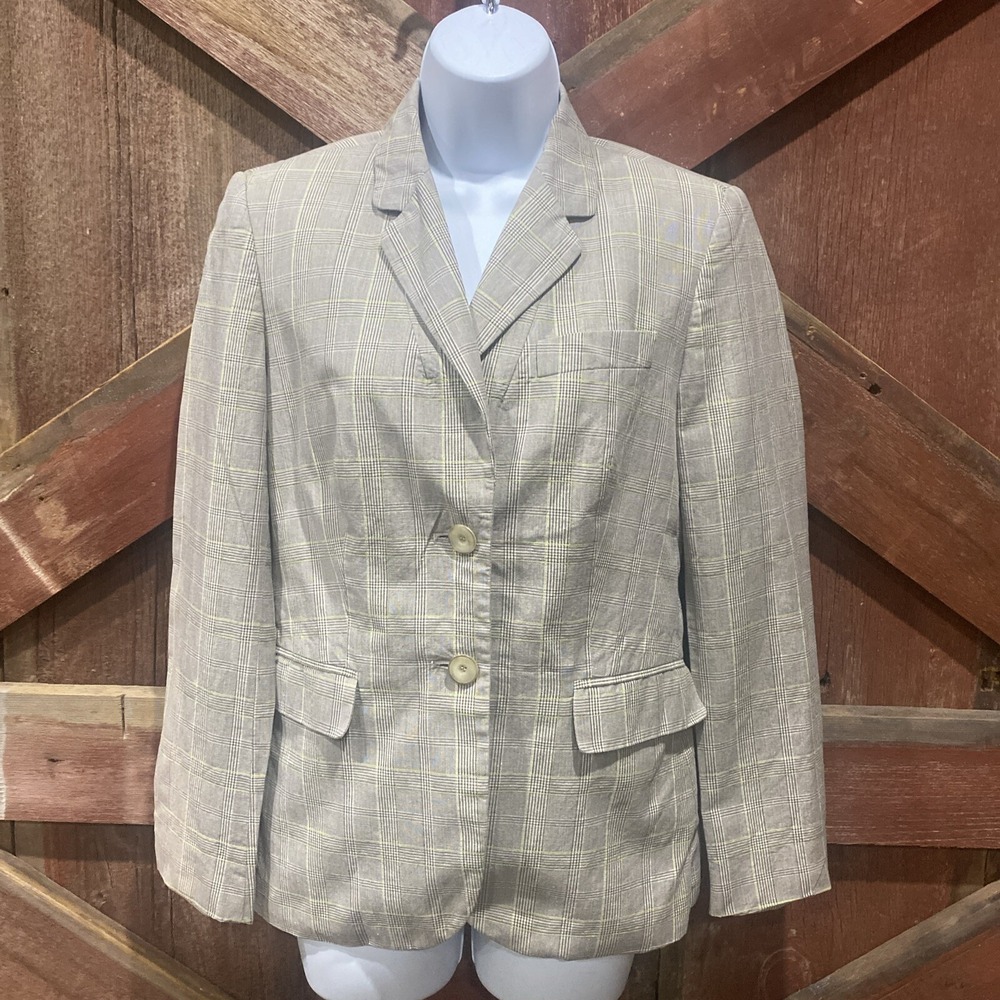 Talbots Linen Blend Windowpane Blazer Jacket Beige Tan Women Size 4 Lined